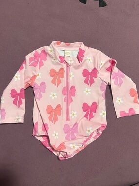 Girls' Pink Bow-Print Long Sleeve Rashguard Swimsuit